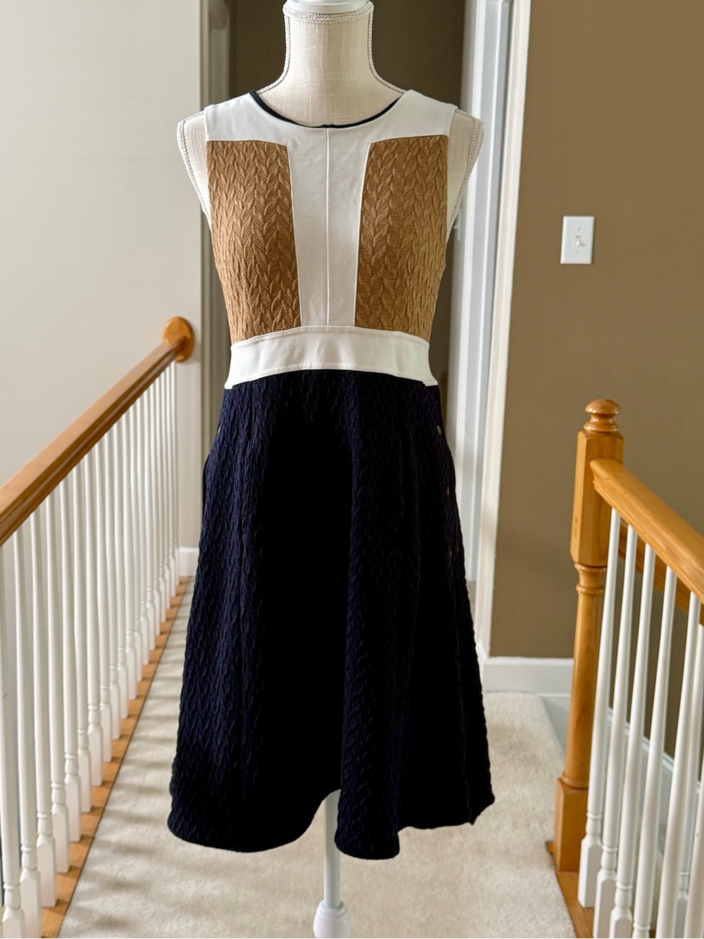 Maeve Sleeveless Colorblock Cable Knit Midi Dress in Black, White & Brown
